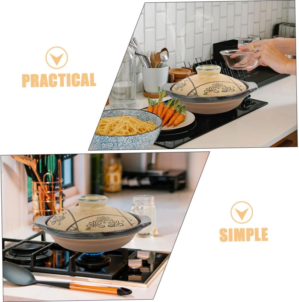 INOOMP Japanese Ceramic Casserole Cooking Pot Stew Pot with Handle for Soup Noodles Hot Pot Bibimbap Convenient Flat Base for Quick Cooking Easy to Clean
