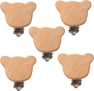 Arakierst 5pcs Natural Wood Suspender Pacifier Clips Cute Beech Wooden Animal Bear Shape Clips Charm DIY Beading Pacifier Chain Accessory