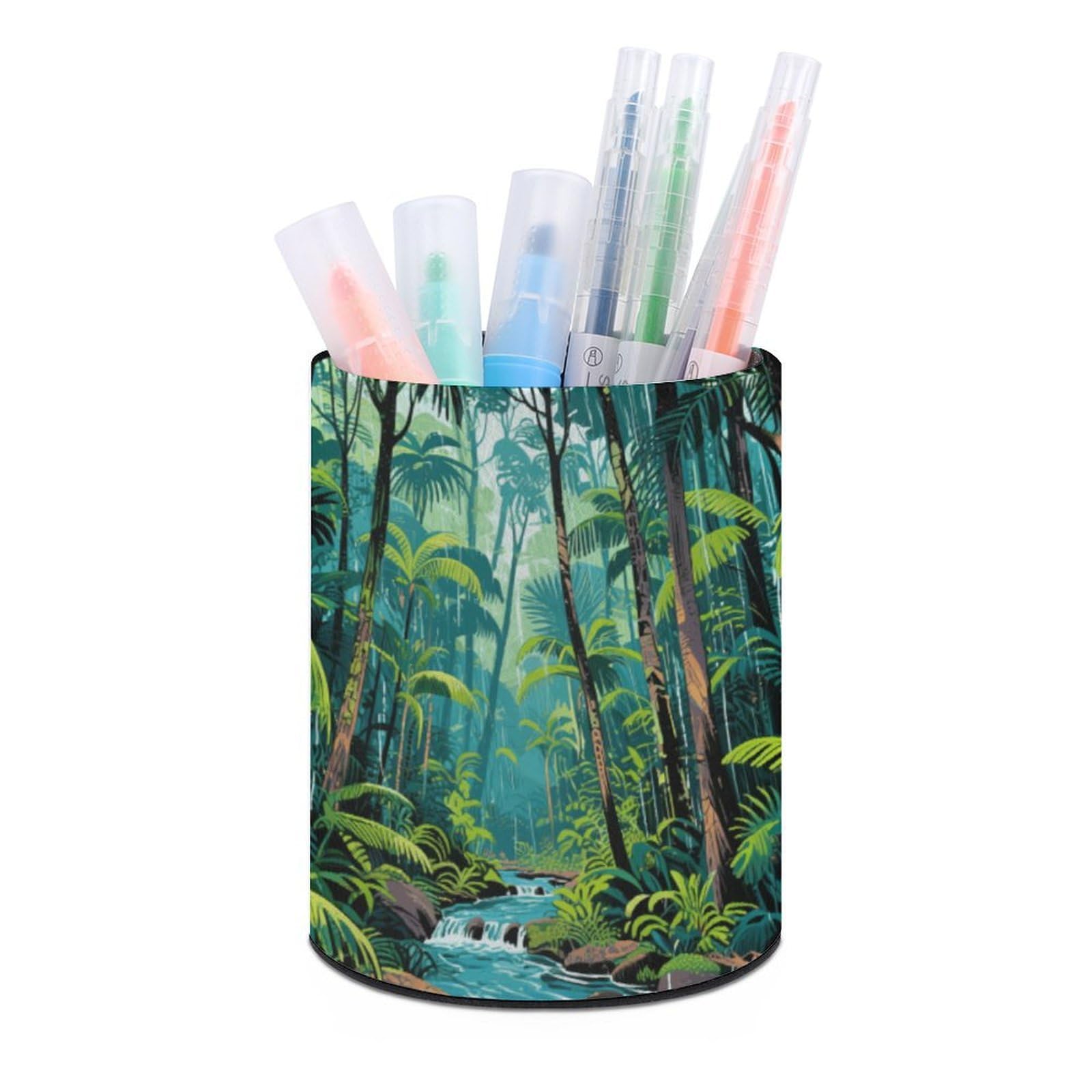 VstaDank Tropical Rainforest Pen Holder PU Leather Pencil Cup Minimalist Desk Pencil Holder Round Make Up Brush Organizers For Office Dorm Room&Vanity Desk Accessories