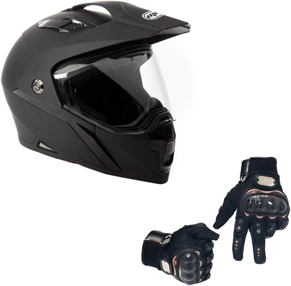 MMG Full Face Helmet Dual-Sport Off-Road Motorcycle Dirt Bike ATV - Combo Riding Gloves - Matte Black, Medium