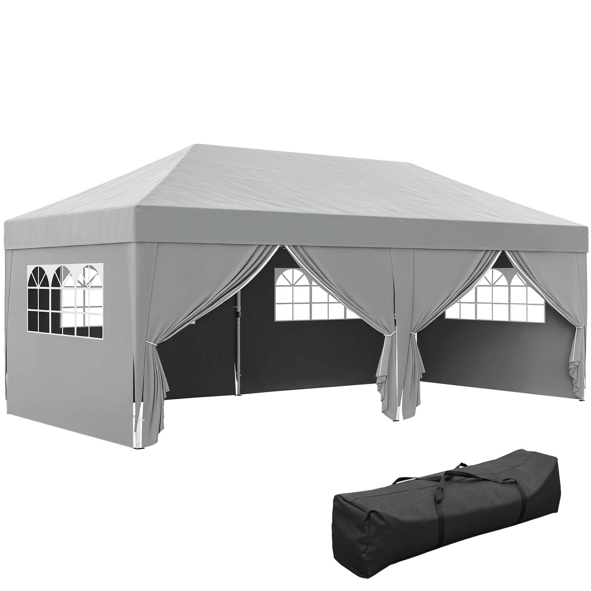 Outsunny Tonnelle de Jardin Exterieur tonnelle Pliante 3 x 6 m Pop-up avec 6 parois latérales, Trous de Drainage, Sac de Transport Inclus, Barnum Pliant pour Camping Festival Mariage, Gris