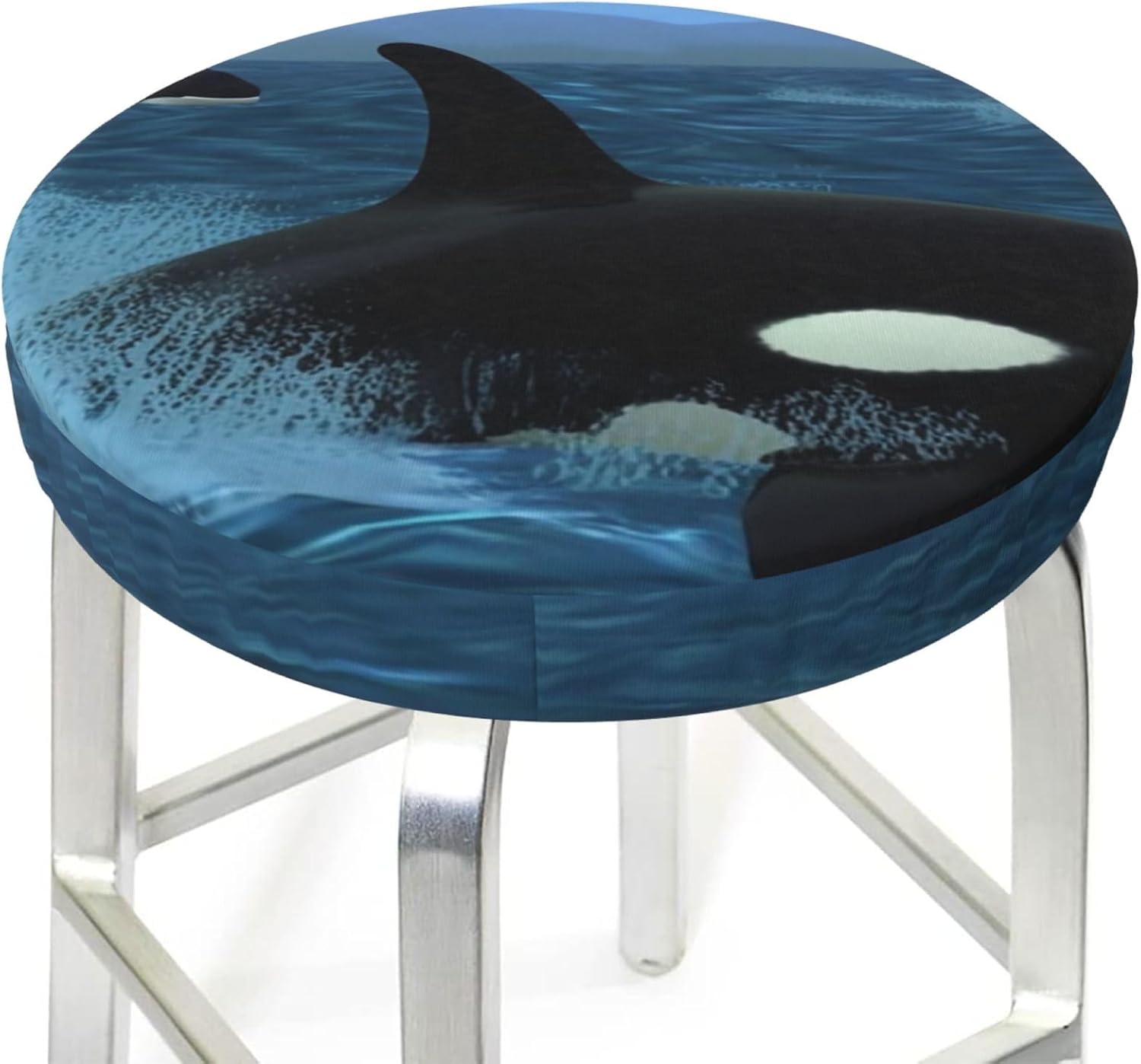 Bar Stool Cover Round Elastic Stool Cushion Covers Killer Whales Swim Along Bar Chair Cover Washable Stool Cushion Slipcover Stretch Stool Seat Covers for 12-14 Inch Chair