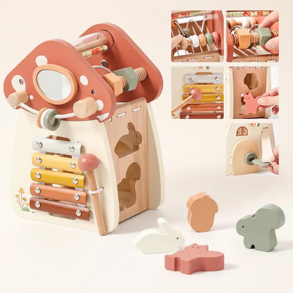 Cube d'Éveil Montessori en Bois 7-en-1 - Jouet d'Éveil Premier Âge avec Xylophone, Boulier et Labyrinthe à Perles - Cadeau Éducatif pour Bébé et Enfant 18 Mois+ - Design Durable et Sécuri