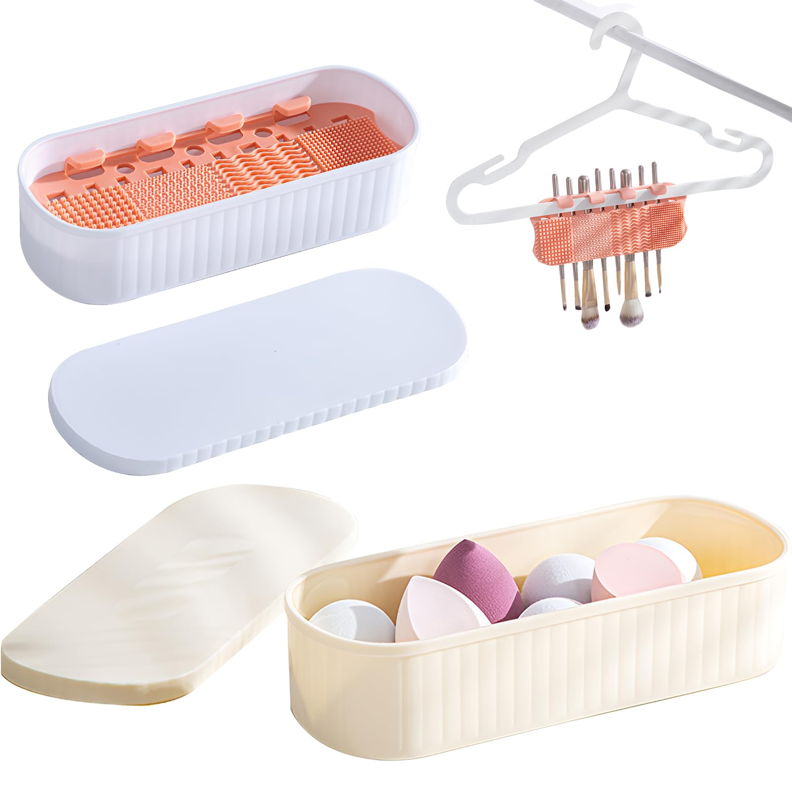 Set di 2 tappetini per la pulizia dei pennelli da trucco e scatola portaoggetti (2 pezzi), organizer 3 in 1 per riporre e asciugare all'aria