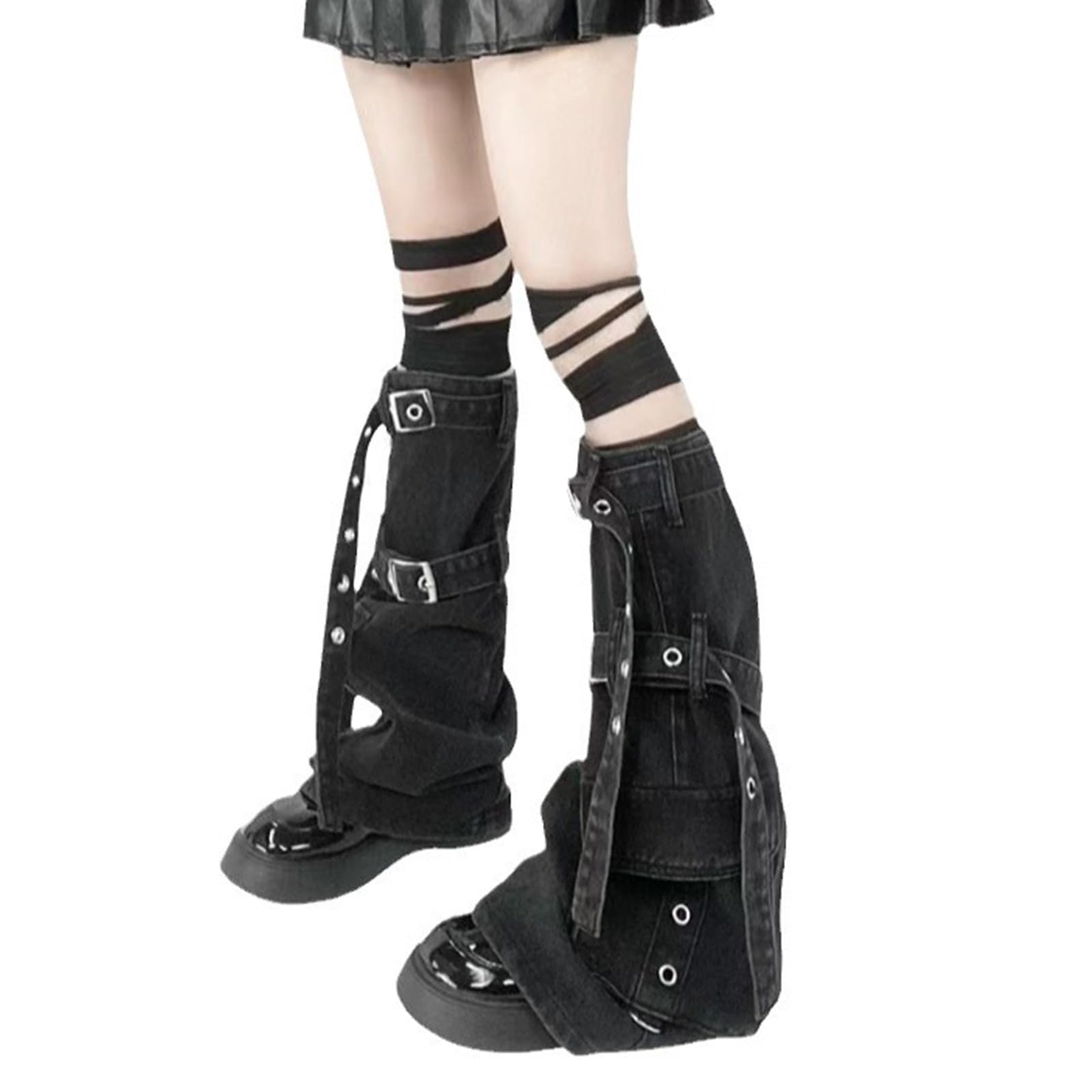 Punk Cargo Denims Leg Warmer With Metal Buckled And Pockets Boot Cover Knee Highs Flared Stockings For Women