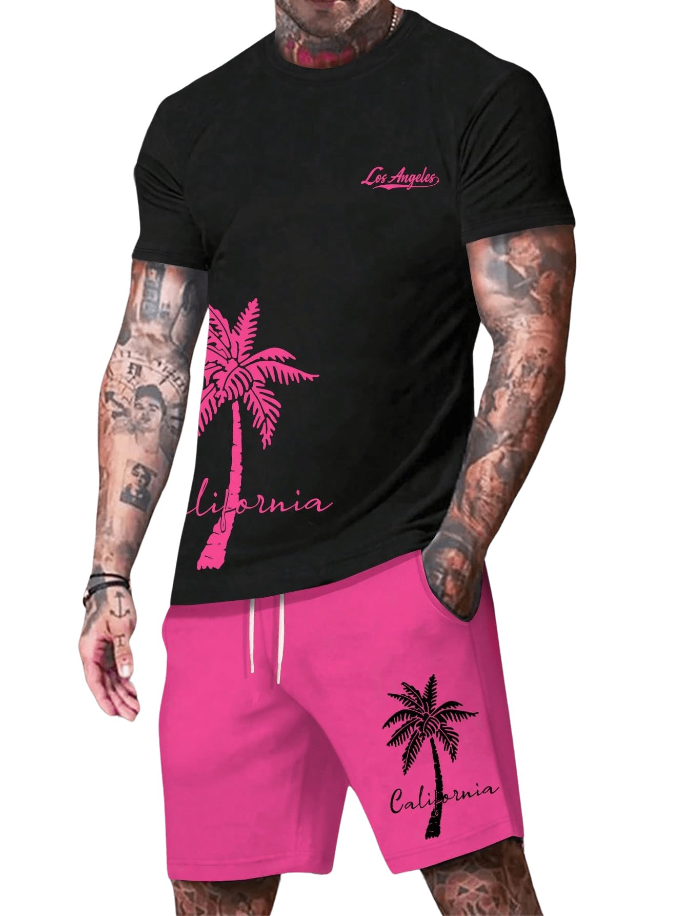 BEAUDRM Men's 2 Pieces Outfit Short Sleeve Hawaiian Print Tee and Graphic Drawstring Waist Shorts Sets