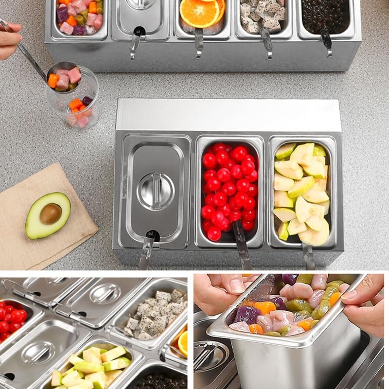 Estación de preparación de pizza, bandejas de acero inoxidable con compartimentos, organizador de mermeladas y condimentos con tapas, recipientes para condimentos y salsas (50 x 22,3 x 22,2 cm)