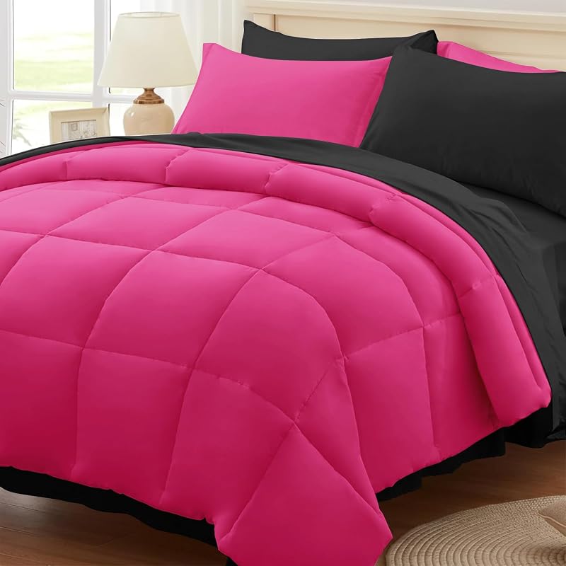 Anluoer Full Size Comforter Sets, 7 Piece Bed in a Bag Full Bedding Sets | Reversible Hot Pink&Black,Lightweight,All Season,OEKO-TEX Certified,DownAlternative Comforter,Breathable sheets & pillowcases