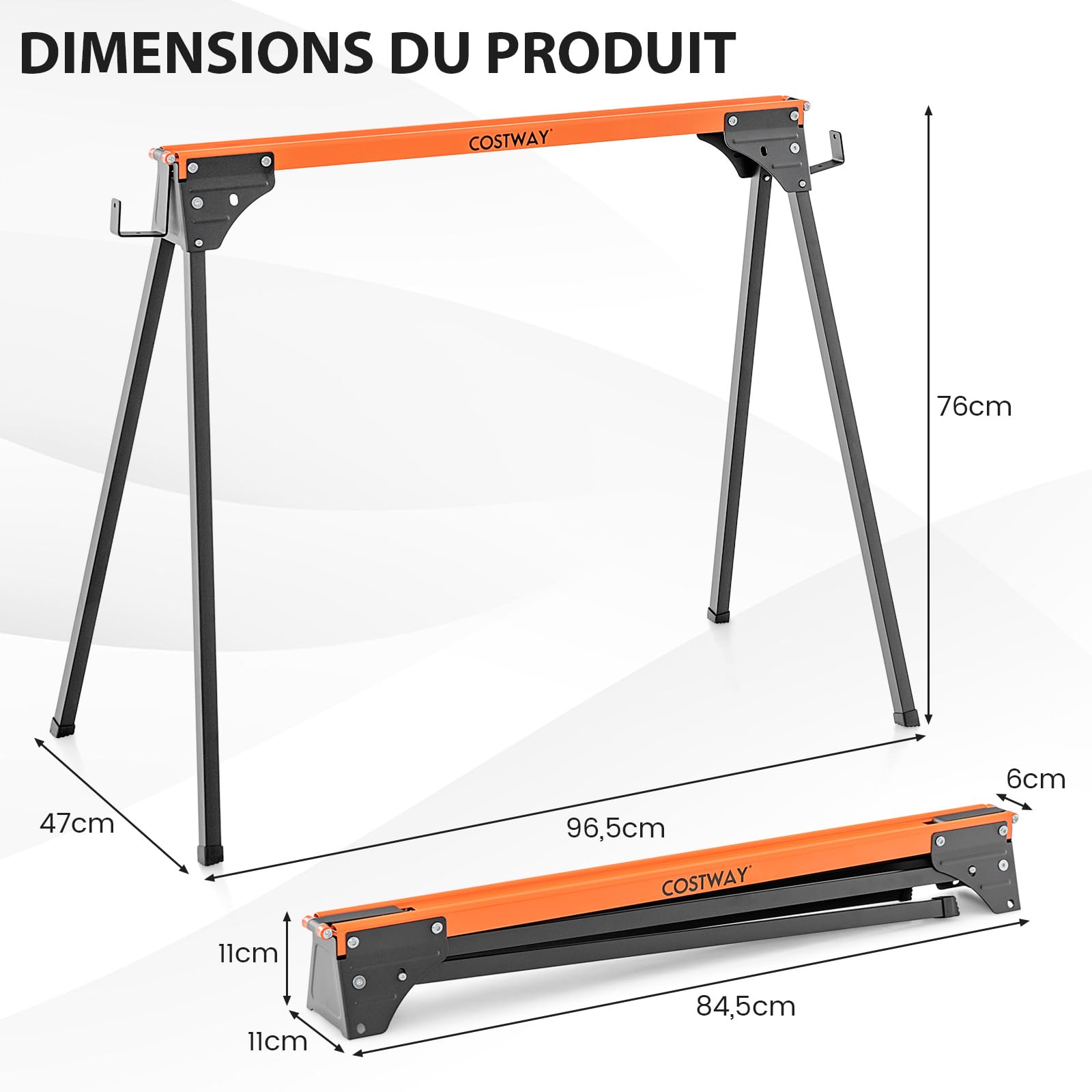 COSTWAY Lot de 2 Tréteaux de Sciage Pliables Métalliques Charge 500 kg, Tréteaux Portable avec 2x4 Bras de Support Pieds à Ouverture Rapide pour Bricolage Sciage 96,5 x 47 x 76 cm