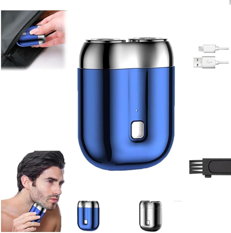 2026 Nuevo modelo mini afeitadora eléctrica de doble cabezal, mini afeitadora eléctrica portátil, tamaño de bolsillo lavable de doble cabezal, afeitadora eléctrica compacta impermeable recargable para el hogar, auto, viajes (azul)
