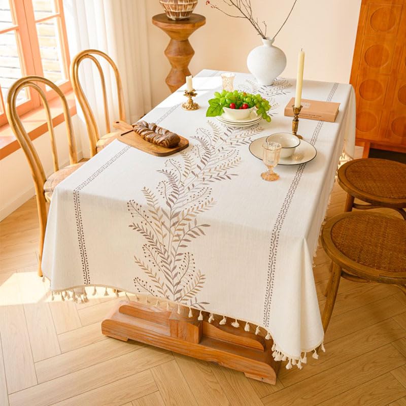 Plancholo Nappe rectangulaire brodée de fougère en coton et lin robuste de style rustique infroissable avec pompons pour cuisine, salle à manger, fête...
