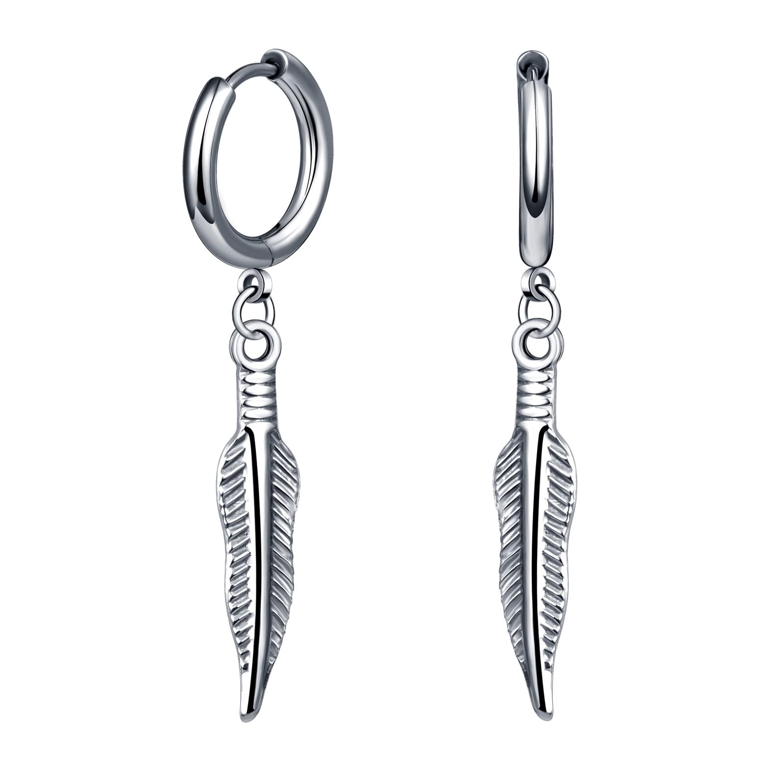Feilok Pendientes de perno para hombres para mujeres, plumas para hombres perforadas en acero inoxidable