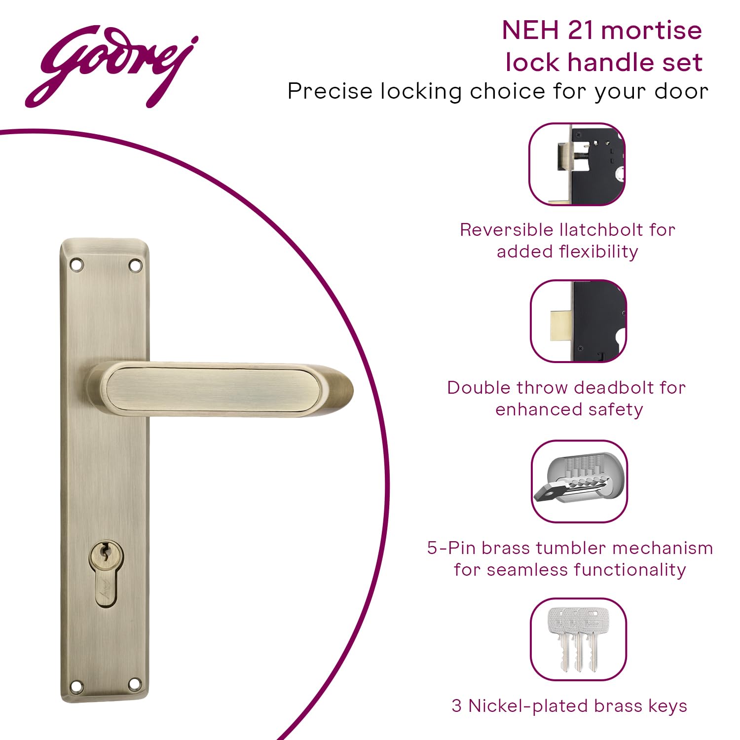 Godrej Mortise Lock - Antique Brass Finish -4