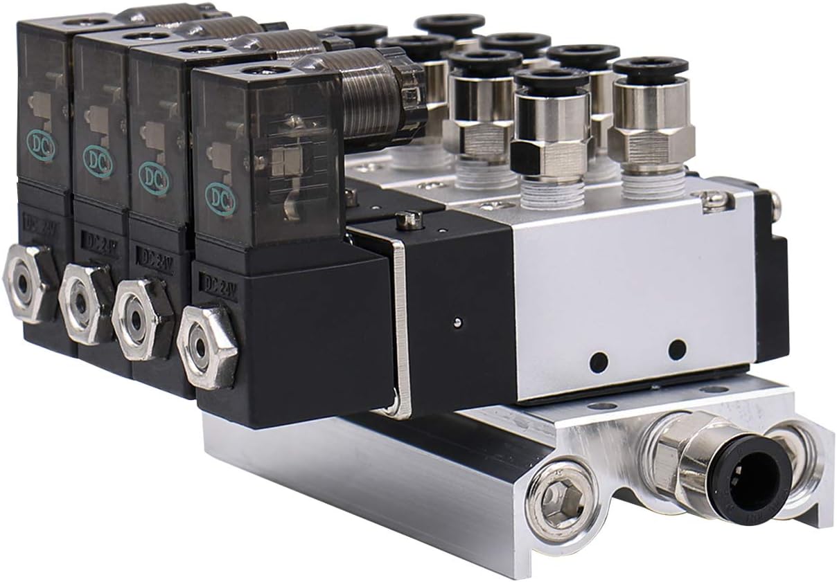BAOMAIN DC 24V Pneumatic Solenoid Valve Manifold, 2 Position 5 Way 4V110-06 with 4-Station Base Mufflers & Quick Fittings for Textile, Light Industry & Chemical Automation