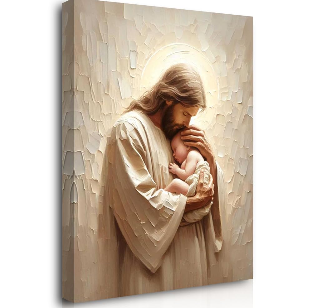 Reateforin Christian Wall Decor Modern Christian Art Jesus and Children Pictures Wall Decor Jesus and Baby Prints Posters Christ Painting LDS Bible Verse Baptism Art Decorative for Nursery 12"x16"
