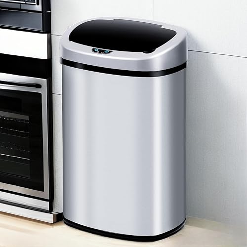 GINMAON Bote de basura automático de acero inoxidable de 13 galones con tapa, cubo de basura cepillado de gran capacidad con sensor de movimiento,
