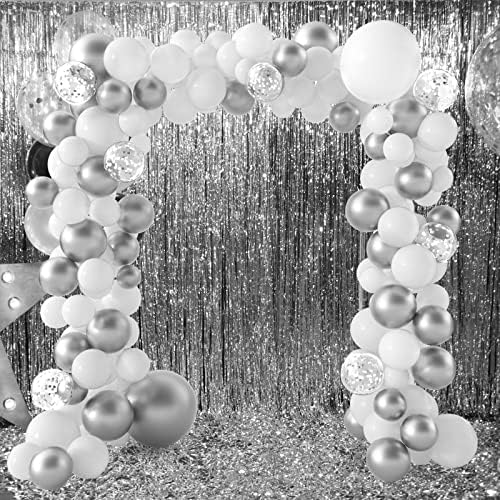 FEPITO 108 Pcs White Silver Balloon Garland Arch Kit 5 10 12 18 Inches Pastel White Silver Confetti Balloons for Birthday Wedding Bridal Showers Baby Shower Party Decorations