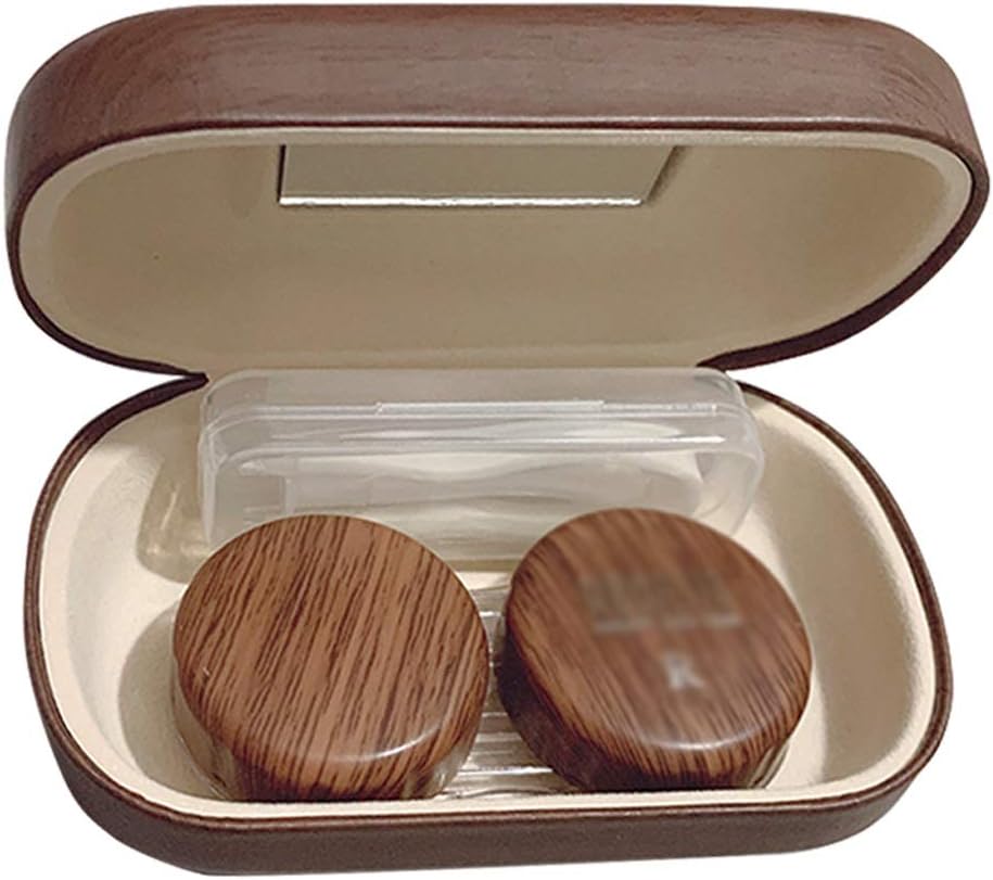 Imitation Wood Grain Round Lens Case with Storage Box Lens Container Gift Cute Cartoon Eye Contacts Case(E)