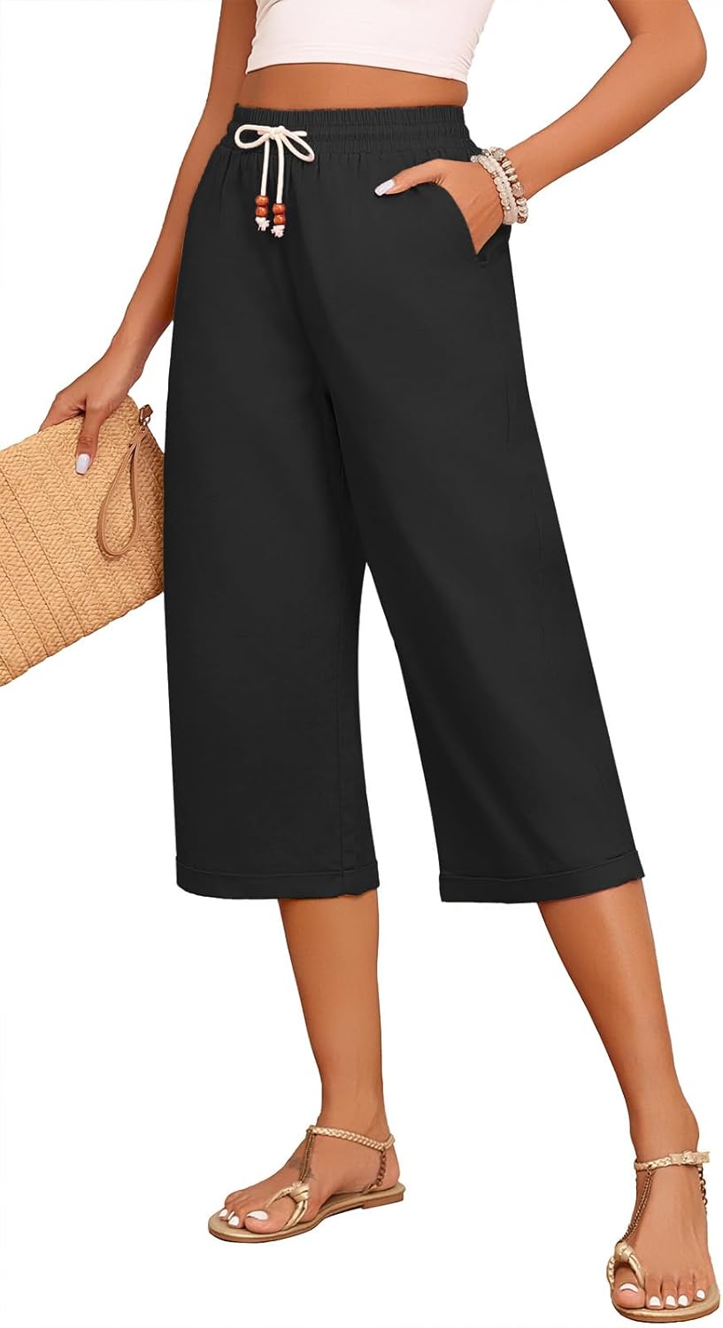 Askyes Womens Capri Pants Cotton Linen High Waisted Wide Leg Lounge Pants Casual Summer Palazzo Pants Trouser with Pockets - Image 4