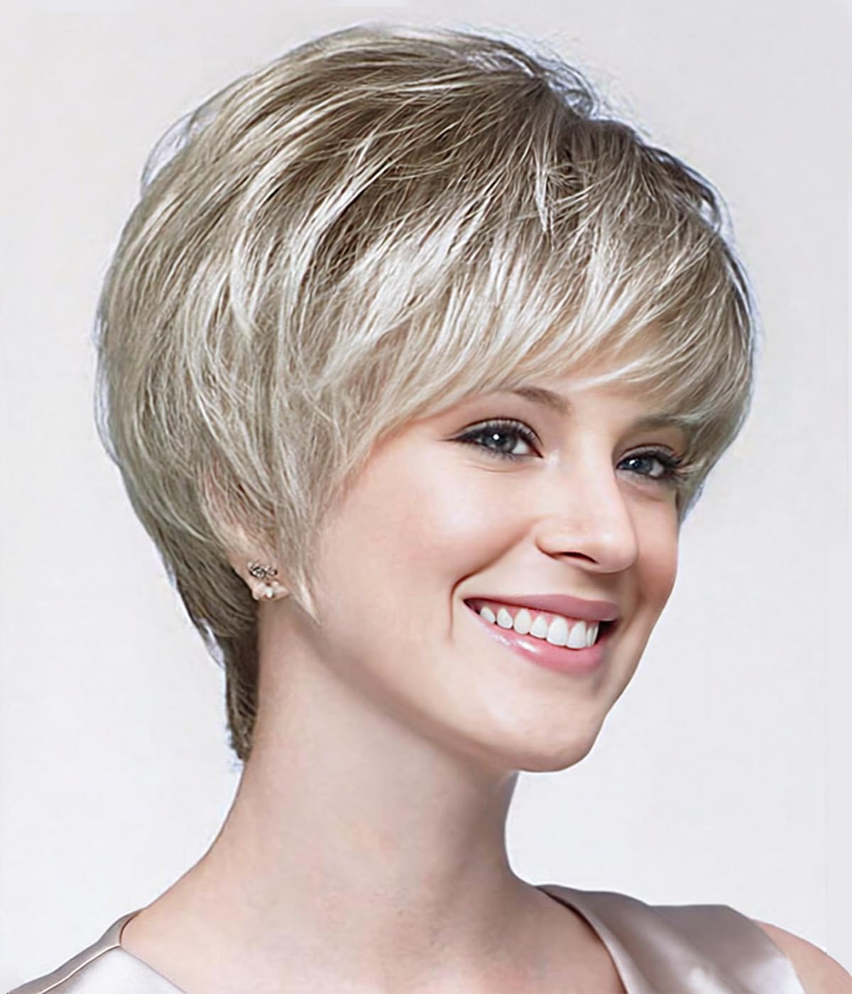 SEVENCOLORS Short Blonde Pixie Cut Wigs for White Women Blonde Mixed Brown Synthetic Wigs Natural Looking Short Hair Wig with Bangs