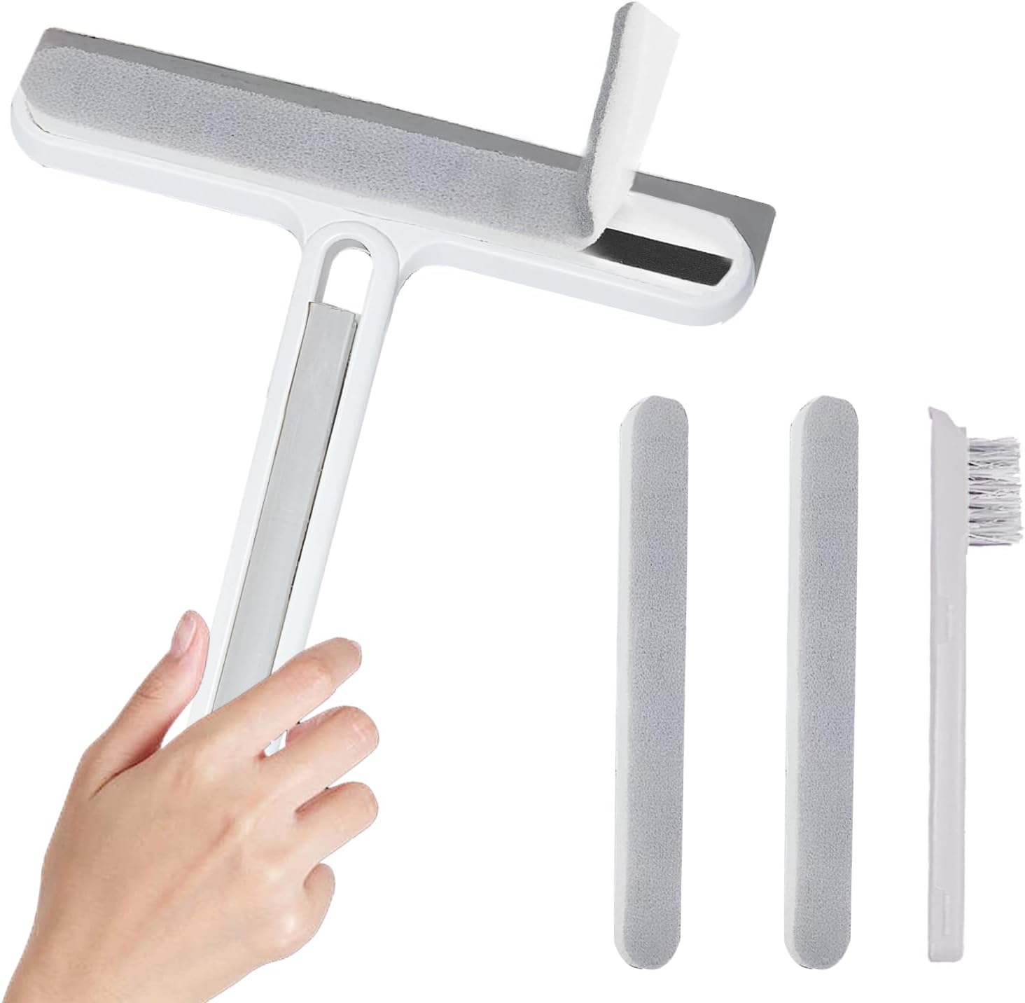 4-in-1 Shower Squeegee for Glass Doors, Silicone Window Squeegee with Foam Brush & Crevice Scraper, Small Bathroom Glass Cleaner Tool for Shower, Mirror, Tile, Window and Kitchen