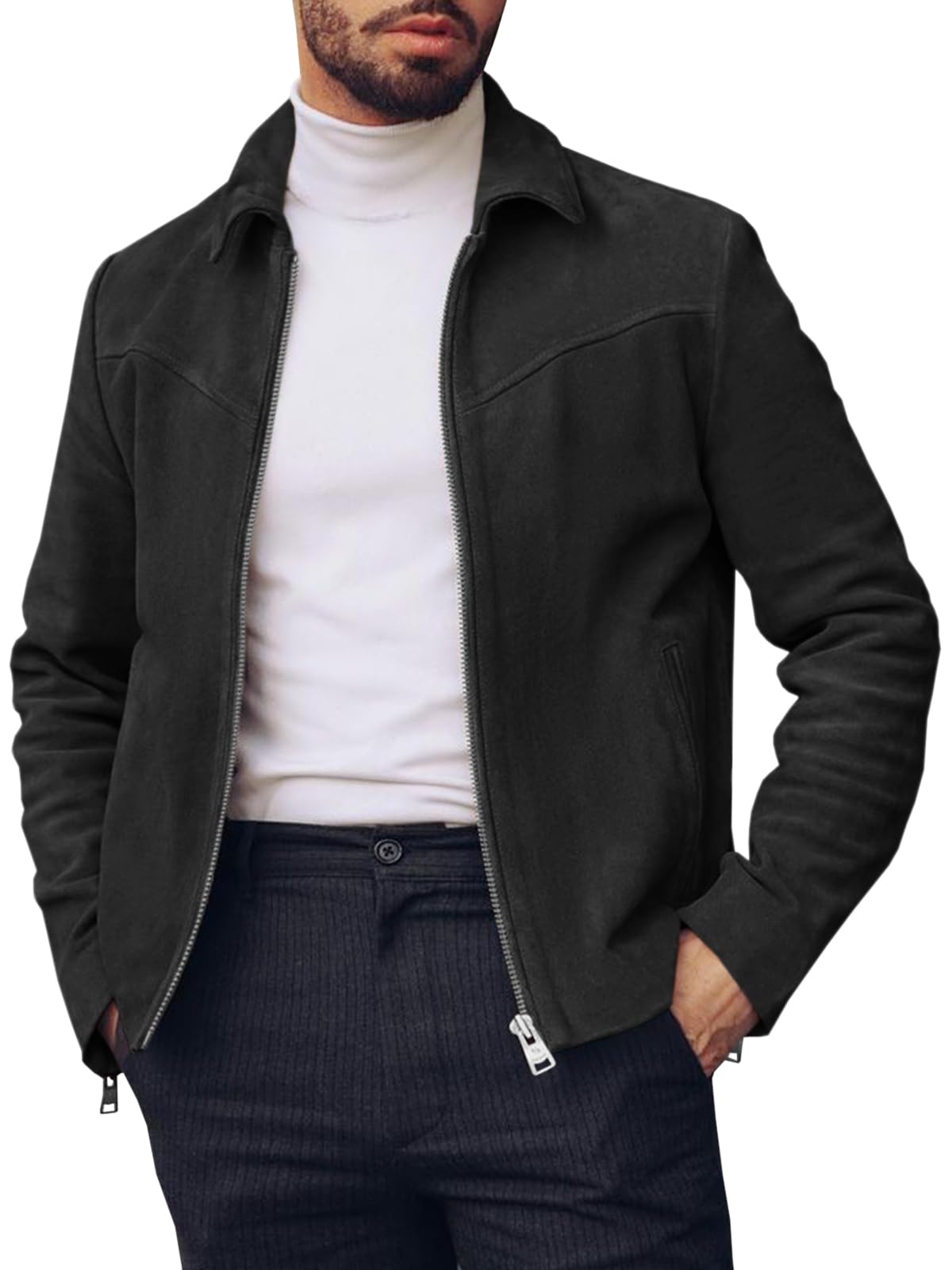 Men's Suede Jacket Full Zip Casual Vintage Jackets Lightweight Classic Trucker Coat