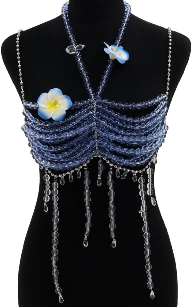Handmade Blue Beads Body Chain, Mermaid Top Rave Outfit Body Jewelry, Flower Body Chain Mermaid Costume, Beaded Bra Top Bikini Jewelry Bridal Jewellery, Beaded Necklace Jewellery