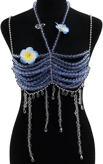 Handmade Blue Beads Body Chain, Mermaid Top Rave Outfit Body Jewelry, Flower Body Chain Mermaid Costume, Beaded Bra Top Bikini Jewelry Bridal Jewellery, Beaded Necklace Jewellery