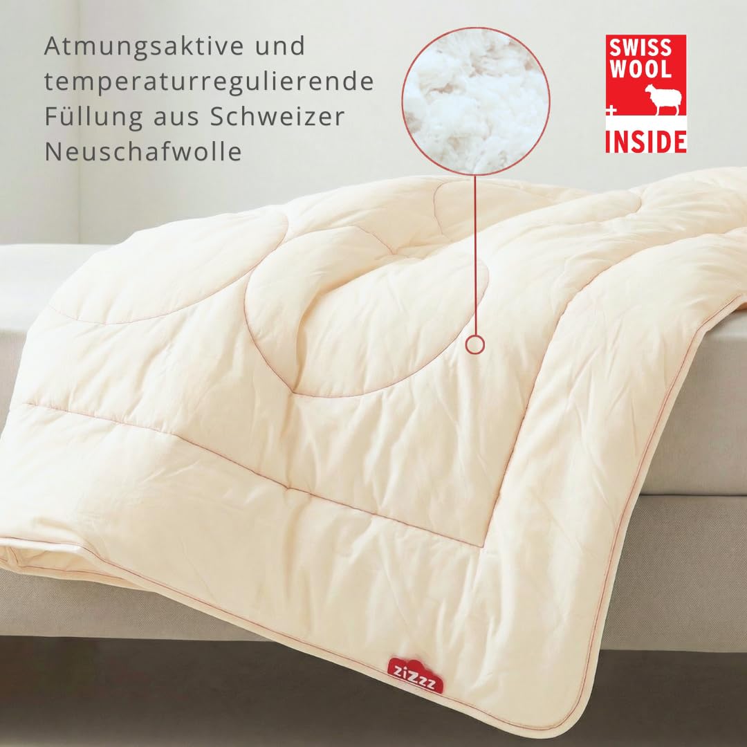 Sommerbettdecke aus Schafwolle 180 g/m² | Leichte Swisswool, Bio-Baumwollbezug, Atmungsaktiv, Temperaturregulierend, Waschbar