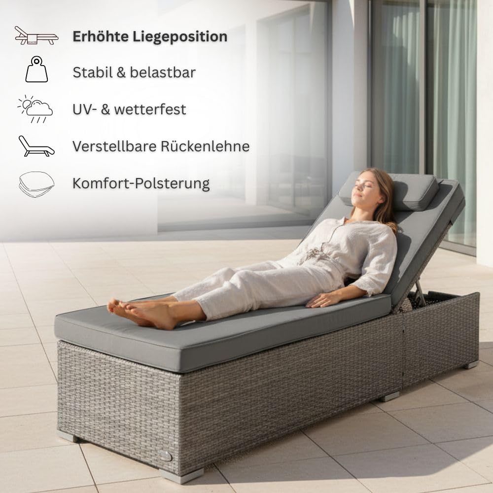 RS Trade Sonnenliege Gartenliege wetterfest extra hoch auch für Senioren – Polyrattan Outdoor mit Rollen, stabil & belastbar bis 200kg, XXL für Garten Terrasse Balkon, grau Rattan, mit Grauer Auflage