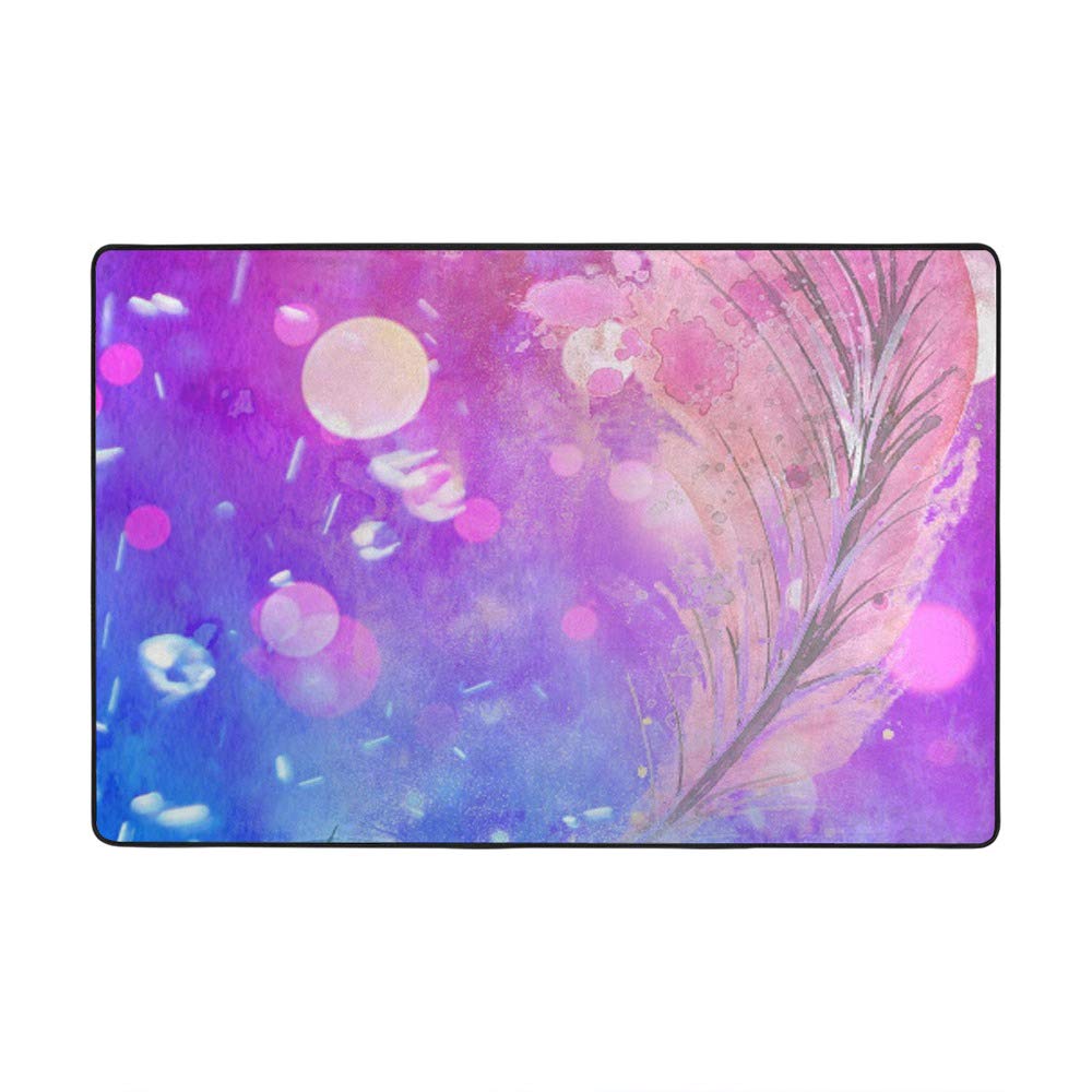 Grand tapis aquarelle plumes rose et bleu en velours corail Ruchen de 152x99 cm