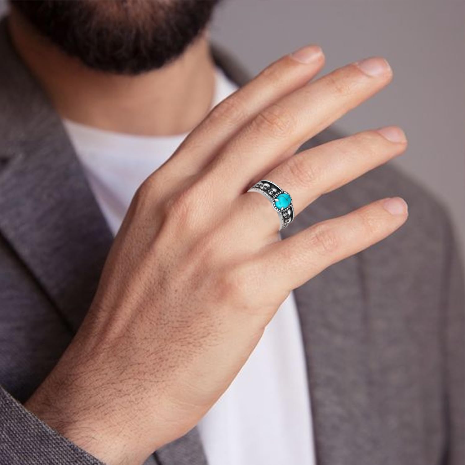 Genuine Turquoise Ring for Men 925 Sterling Silver Skull Ring Vintage Halloween Western Nature Gemstone Turquoise Jewelry for Men - Image 5