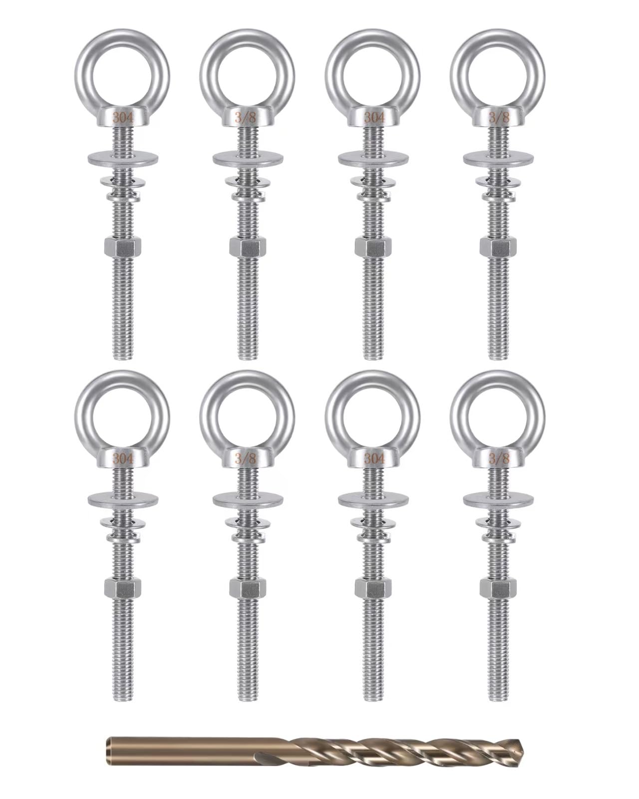 Eye Bolt with Nuts 3/8'' x 4'' (8 Pack), Imperial, Heavy Duty Stainless Steel 3/8-16 Long Eye Bolts, Bonus Drill Bit Included
