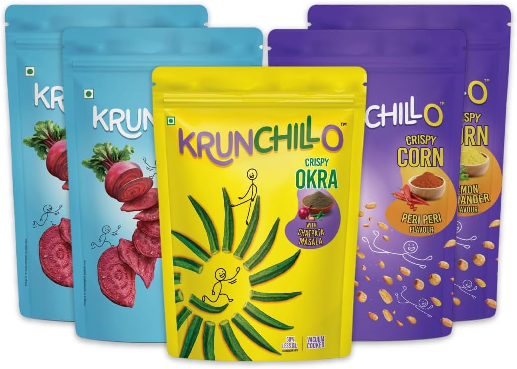 KRUNCHILLO - Beetroot, Corn and Okra Chips |Jumbo Pack |Healthy Snacks | High Protein | Source of Fiber |Assorted Pack | 50% Less oil Vaccum Cooked (270gm- Pack of 5)