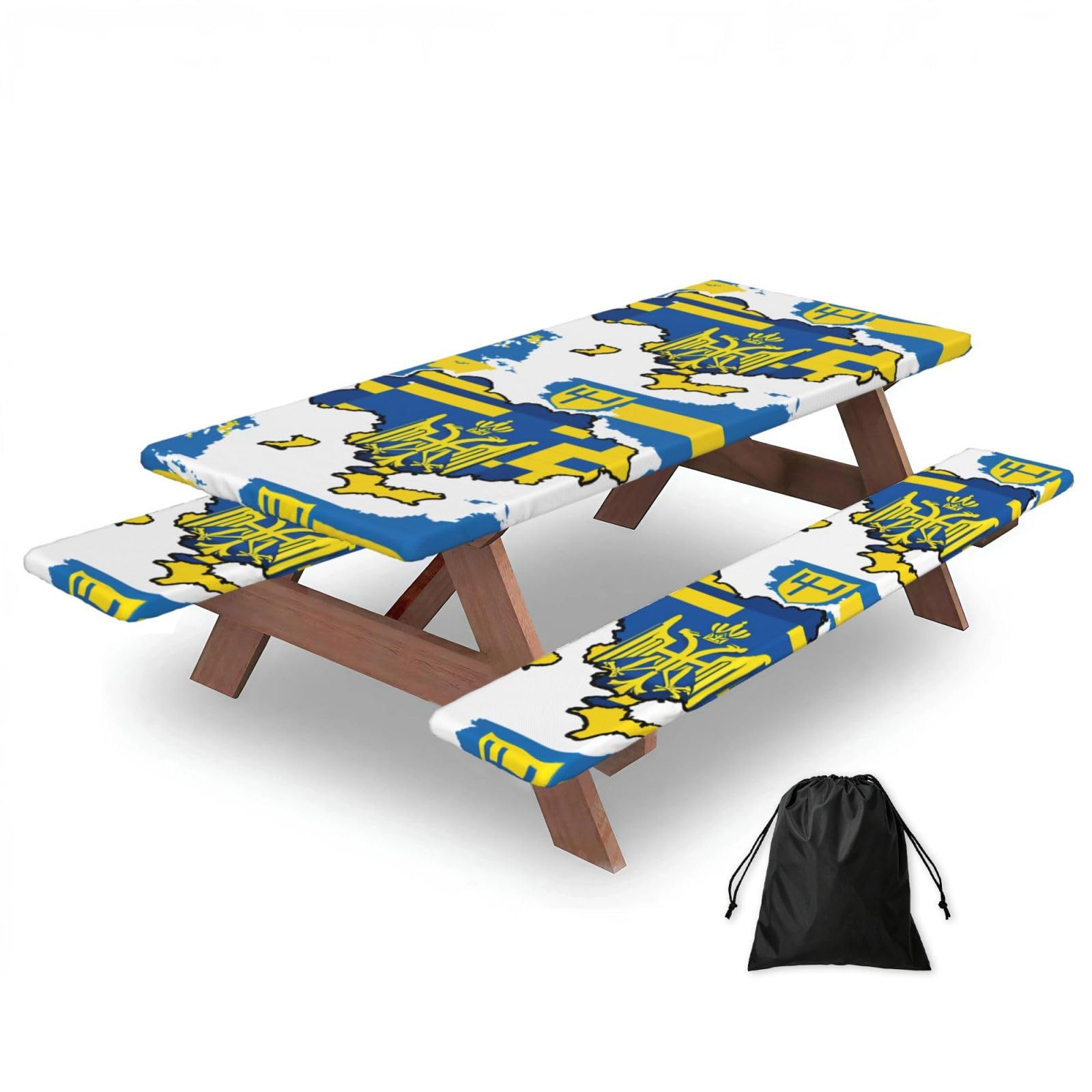 Duwaa Black Ukraine Flag Map 01 Print 183Cm Picnic Table Cover With Bench Covers, Waterproof Elastic Tablecloth Set For Outdoor