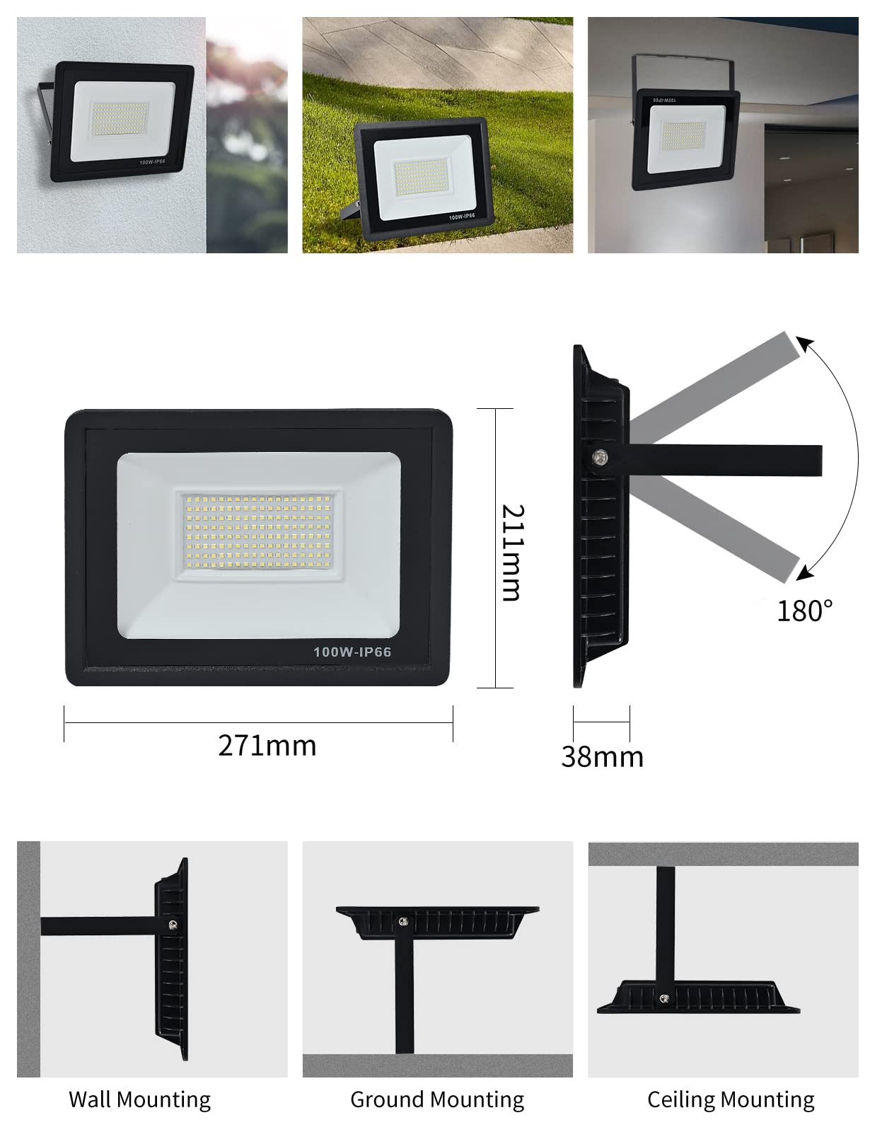 Projecteur LED Exterieur 100W 2packs 10000LM 6000K IP66 Etanche Eclairage de Sécurité pour Jardin,Garage,Cour,Parking