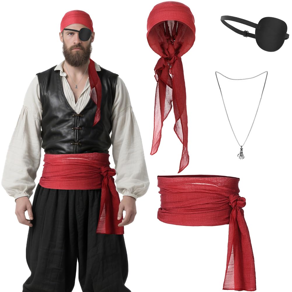 Pirate Costume Accessories Set 4PCS Bandana Sash Belt Head Scarf Eye Patches Pendant Chain for Fancy Dress Role Play Party Accessory Renaissance Medieval Halloween Skeleton Skull Pendant for Women Men