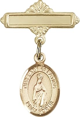 Gold Filled Baby Badge with Our Lady of Fatima Charm and Polished Badge Pin 1 X 5/8 inches