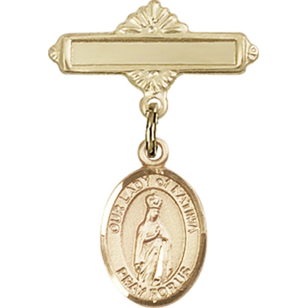 Gold Filled Baby Badge with Our Lady of Fatima Charm and Polished Badge Pin 1 X 5/8 inches