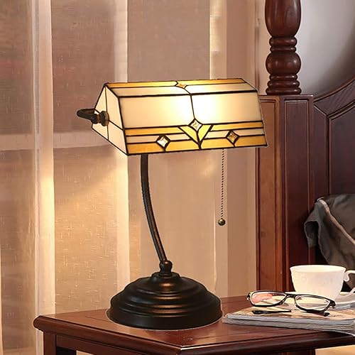 Miniatura 3 de Bankers Lamp Tiffany Style Lámpara de mesa de vidrieras junto a la lámpara de escritorio con pantalla de vidrio amarillo cálido y base de zinc