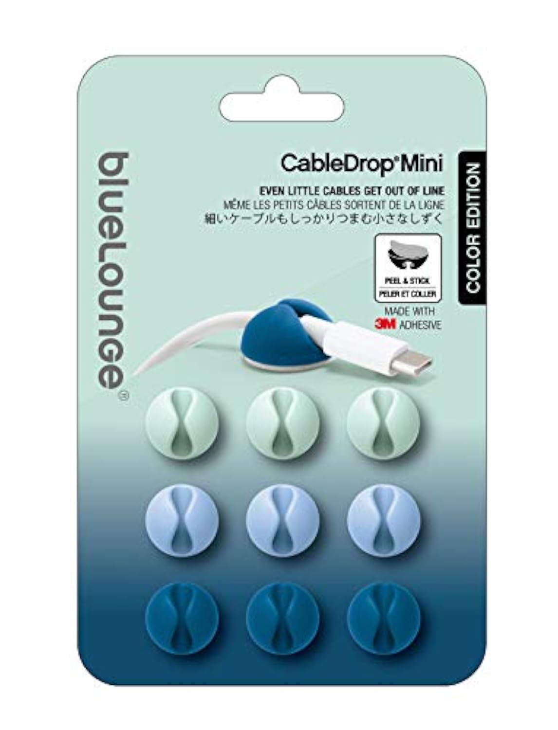 CableDrop Mini Bluelounge para organizar el escritorio de teletrabajo, 9 clips azules 8