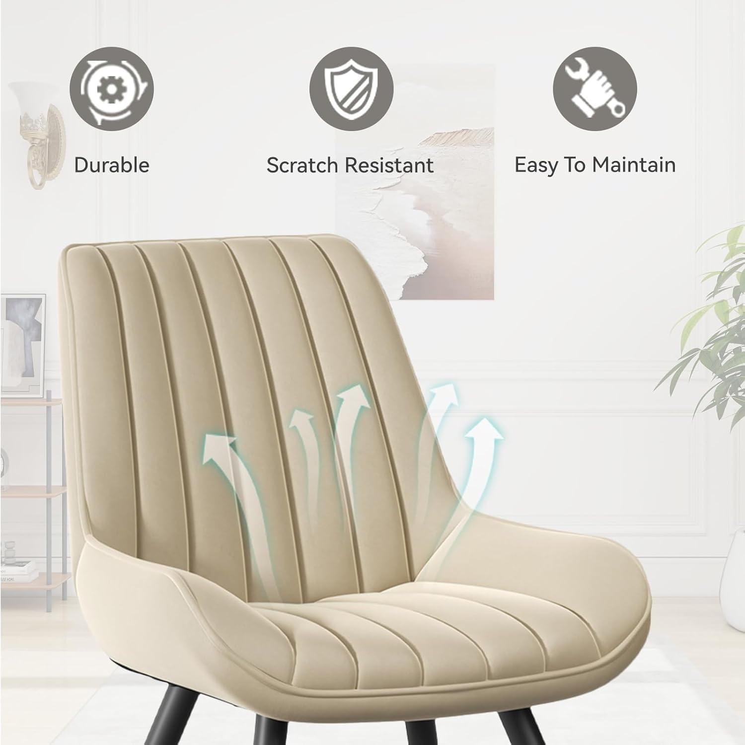 Hawthyhome Esszimmerstühle 2er Set Polsterstühle mit 10 cm Dicke Sitzkissen Künstlicher Stoff Dining Chair Küchenstuhl mit Rückenlehne Moderne Sessel Metallbeine Beige