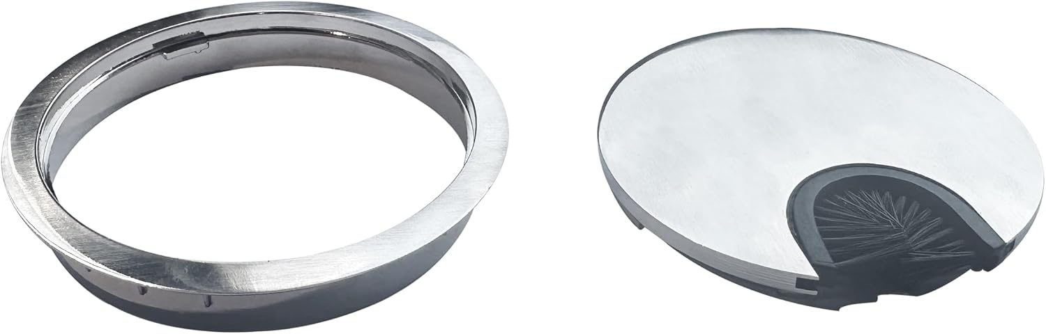 Round Brush Cable Hole Cover, Desk Wire Cord Cable Grommets Hole Cover for Office PC Desk Cable Cord Organizer, Grommet Kit, Zinc Alloy, Wire Drawing Silver, 2-Pack (3-1/8''(80mm))