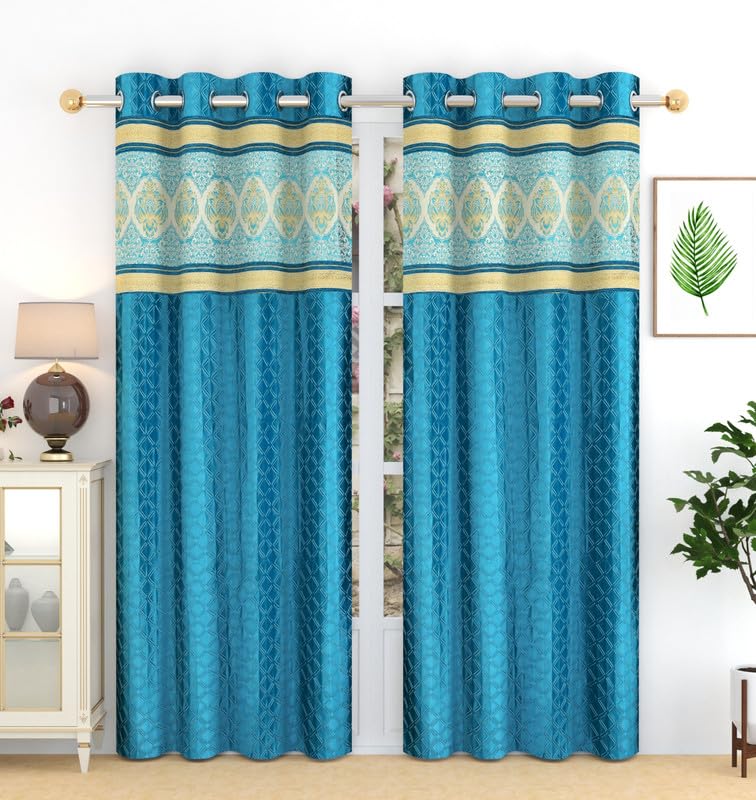 Image of Exporthub Set of 2 Pc Heavy Quality Premium Curtains Flowers Patch Design Aqua Blue Color Window Curtains - Window - 5 feet (EHSPR958 54)