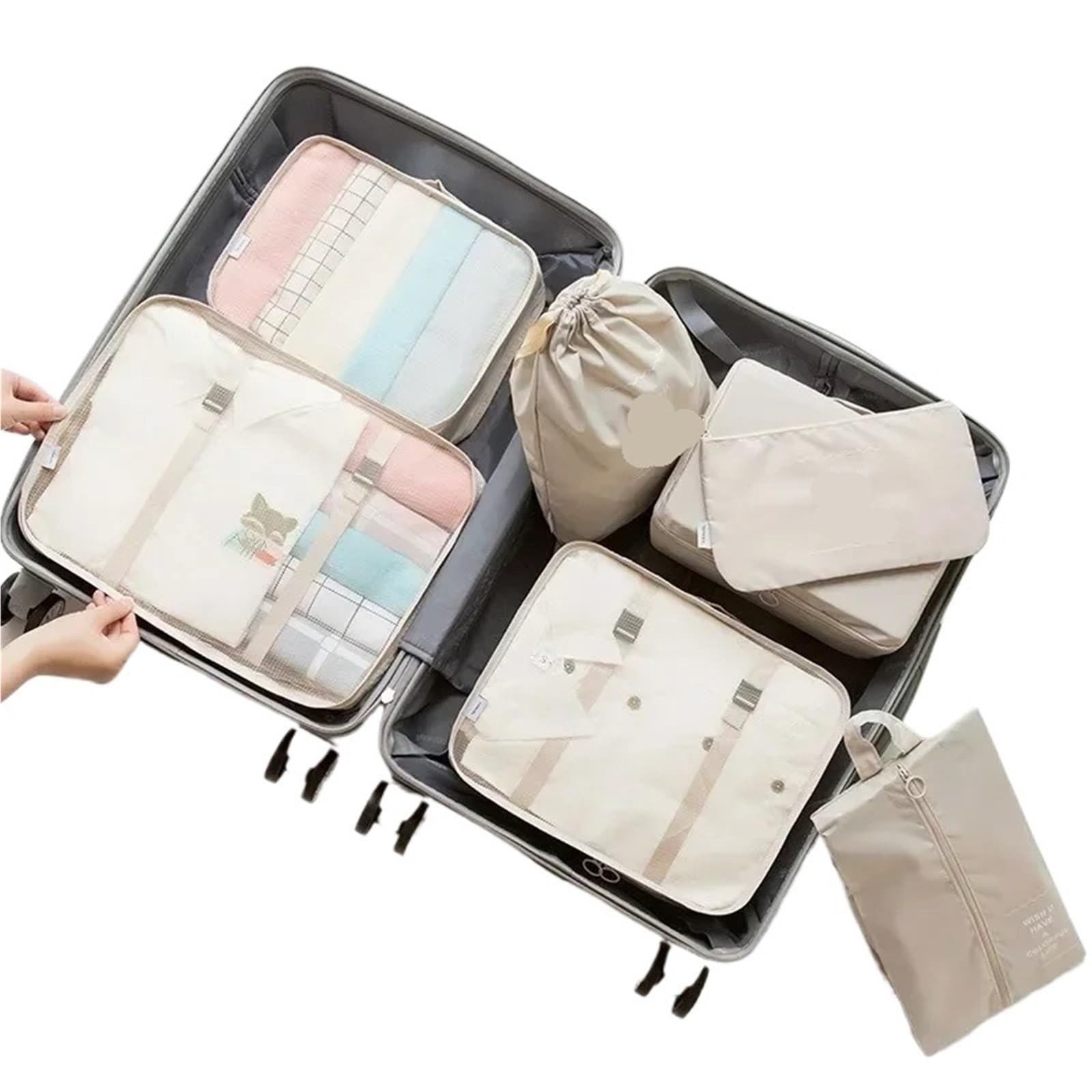 7-piece Set Travel Bag Organizer Clothes Luggage Blanket Shoes Organizers Suitcase Pouch Packing Cubes for Suitcases(Beige)