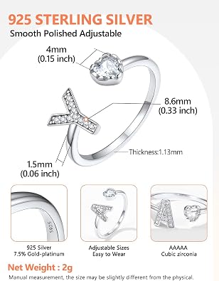 Silvora 925 Sterling Silver CZ Initial Ring, Dainty Adjustable Open A-Z 26 Alphabet Letter Rings for Women