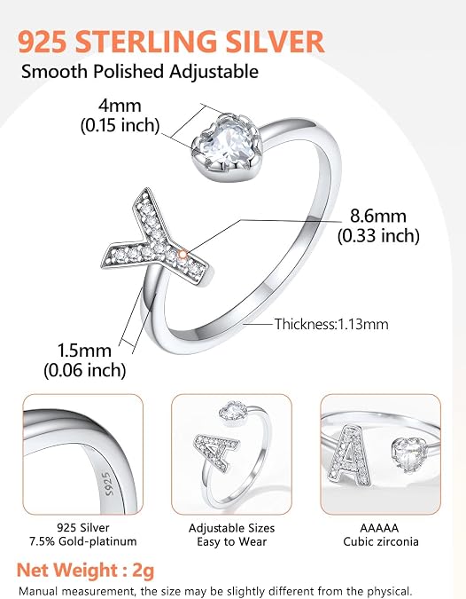 Silvora 925 Sterling Silver CZ Initial Ring, Dainty Adjustable Open A-Z 26 Alphabet Letter Rings for Women