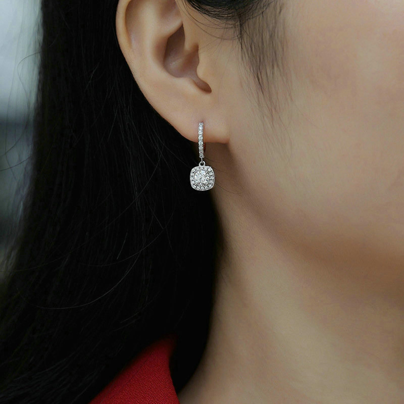 Orecchini a cerchio in oro bianco 750, rettangolari, con ciondolo a forma di moissanite, da donna, ipoallergenici