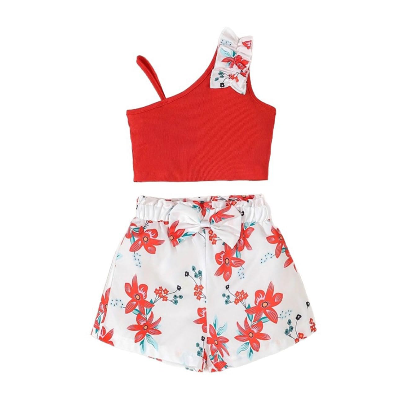 Conjunto Ropa Niña, Top Acanalado + Pantalones Cortos con Cintura Elástica con Estampado Tropical de Plantas/Flores y Lazos, Conjunto Verano Otoño Niña, Verde/Blanco/Rojo/Rosa Rojo, 4-7 Años