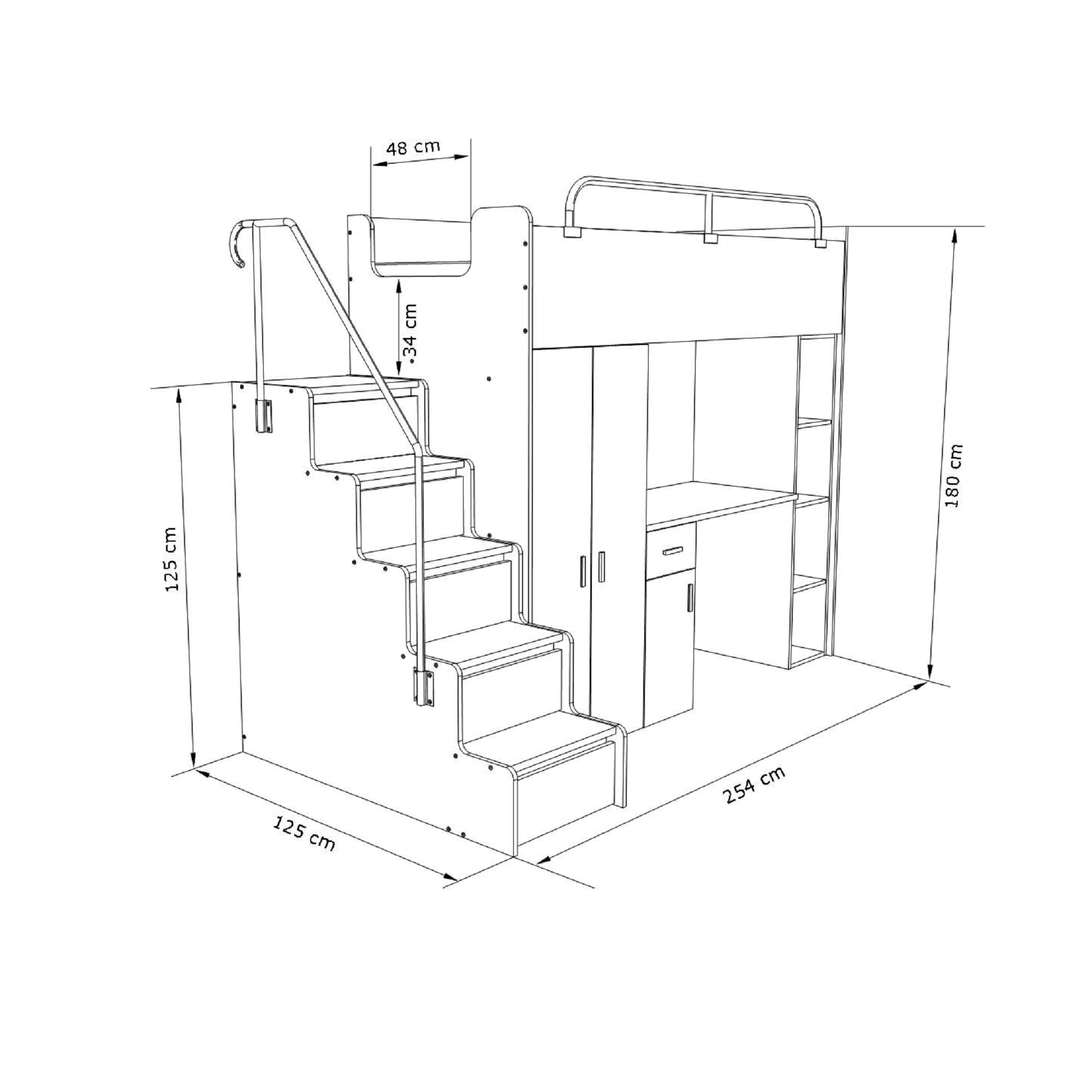 Hochbett JSM-4 90x200 mit Kleiderschrank Schreibtisch und Treppe Hochglanz Kinderbetten Funktionsbett Etagenbett Stockbett Kinderhochbett Jugendhochbett (Weiß Glanz)